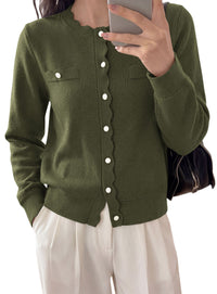 PRETTYGARDEN Cardigan Sweaters for Women Scalloped Button Up Fall Outfits  Soft Knit Long Sleeve Knit Tops,Crew Neck,Business Casual Outfits,Office Work Lightweight Sweater,Layers Clothes