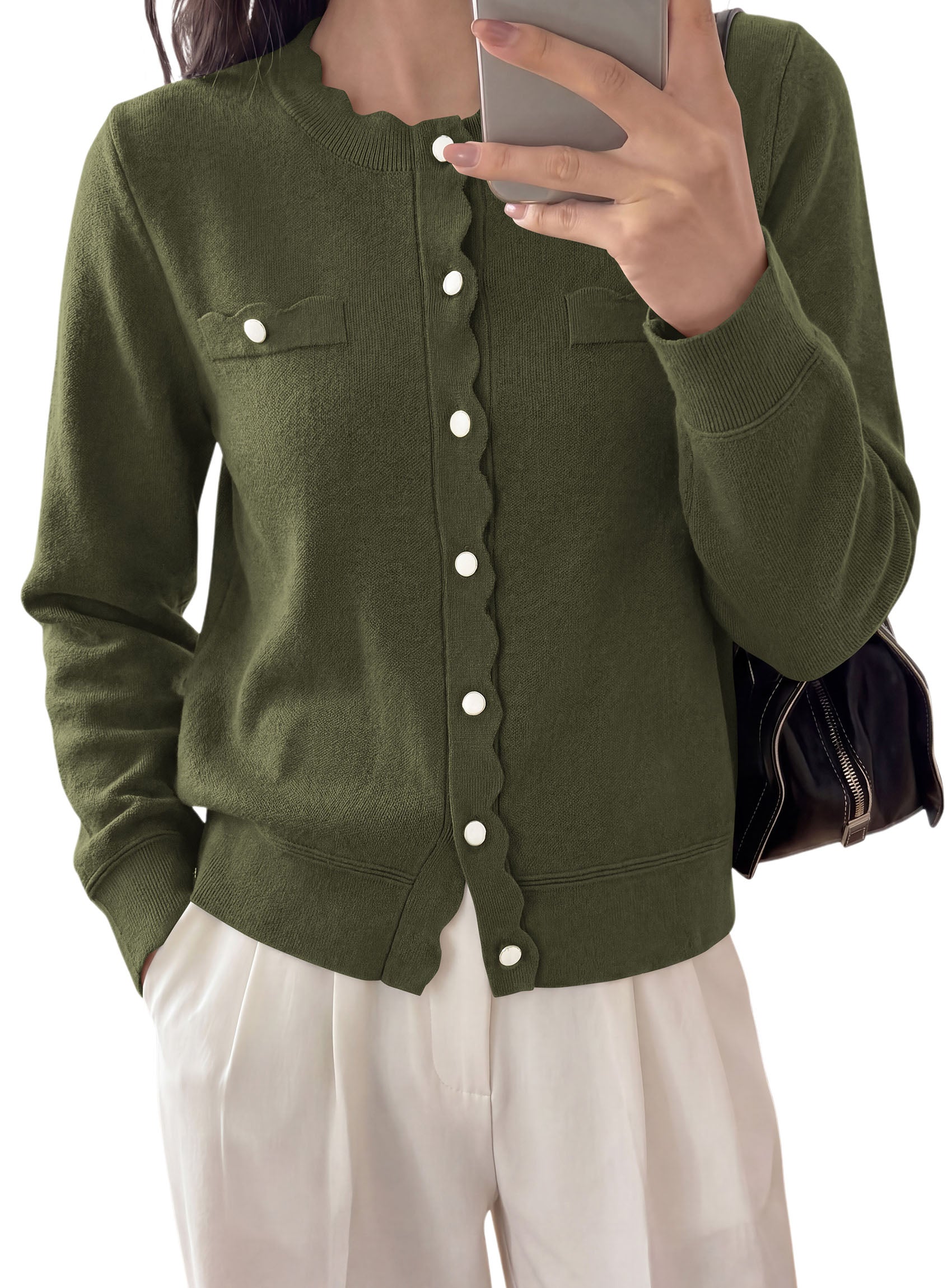 PRETTYGARDEN Cardigan Sweaters for Women Scalloped Button Up Fall Outfits  Soft Knit Long Sleeve Knit Tops,Crew Neck,Business Casual Outfits,Office Work Lightweight Sweater,Layers Clothes