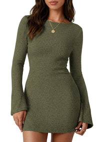 PRETTYGARDEN Womens Fall Bell Long Sleeve Mini Dress 2026 Casual Boat Neck Ribbed Bodycon Short Party Cocktail Dresses