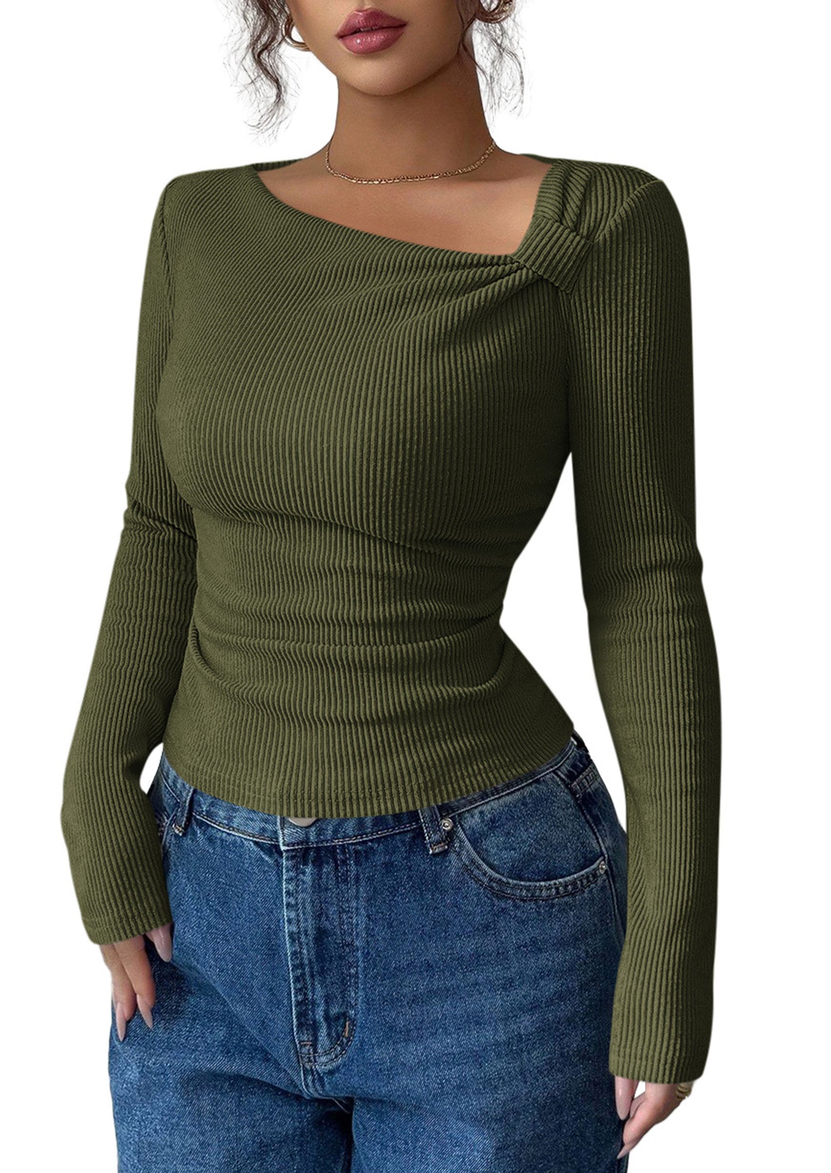 PRETTYGARDEN Womens 2026 Early Fall Fashion Long Sleeve T Shirts Asymmetrical Ribbed Fitted Trendy Going Out Tops Y2K Outfits