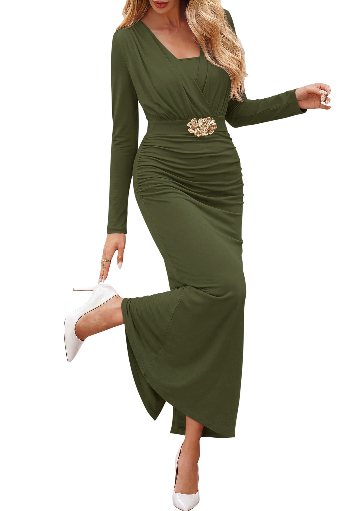 PRETTYGARDEN Women's Long Sleeve Ruched Bodycon Wedding Guest Maxi Dresses  Deep V Neck, Wrap Draped Dress, Slim Fit, Stretchy, Formal Maxi Dress 2026, Elegant Cocktail Party, Holiday Outfits