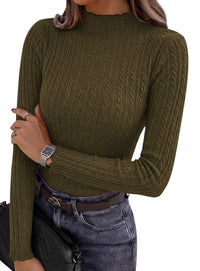 PRETTYGARDEN Women's Fall Long Sleeve Fitted Shirts | Comfy Stretchy Cable Knit, Trendy Lettuce Trim Mock Neck, Casual Basic Tees, Cute Layering Tops, 2026 Fashion Clothing