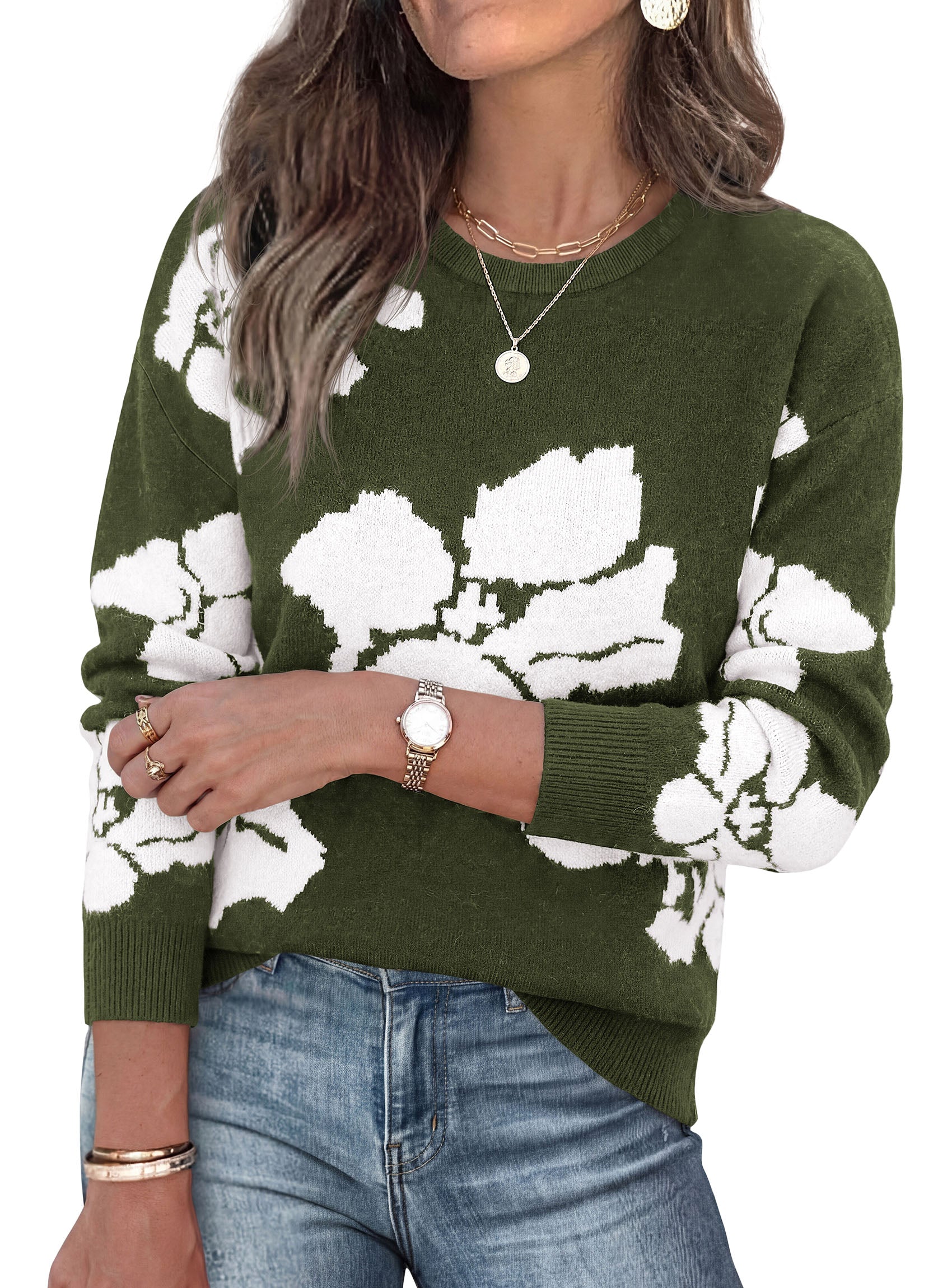 PRETTYGARDEN Womens Floral Sweater Crewneck Pullover Tops | Soft Slouchy Knit Sweater,Casual Long Sleeve,Fall Fashion 2026,Cute Winter Clothes,Work Office Travel Vacation Outfits