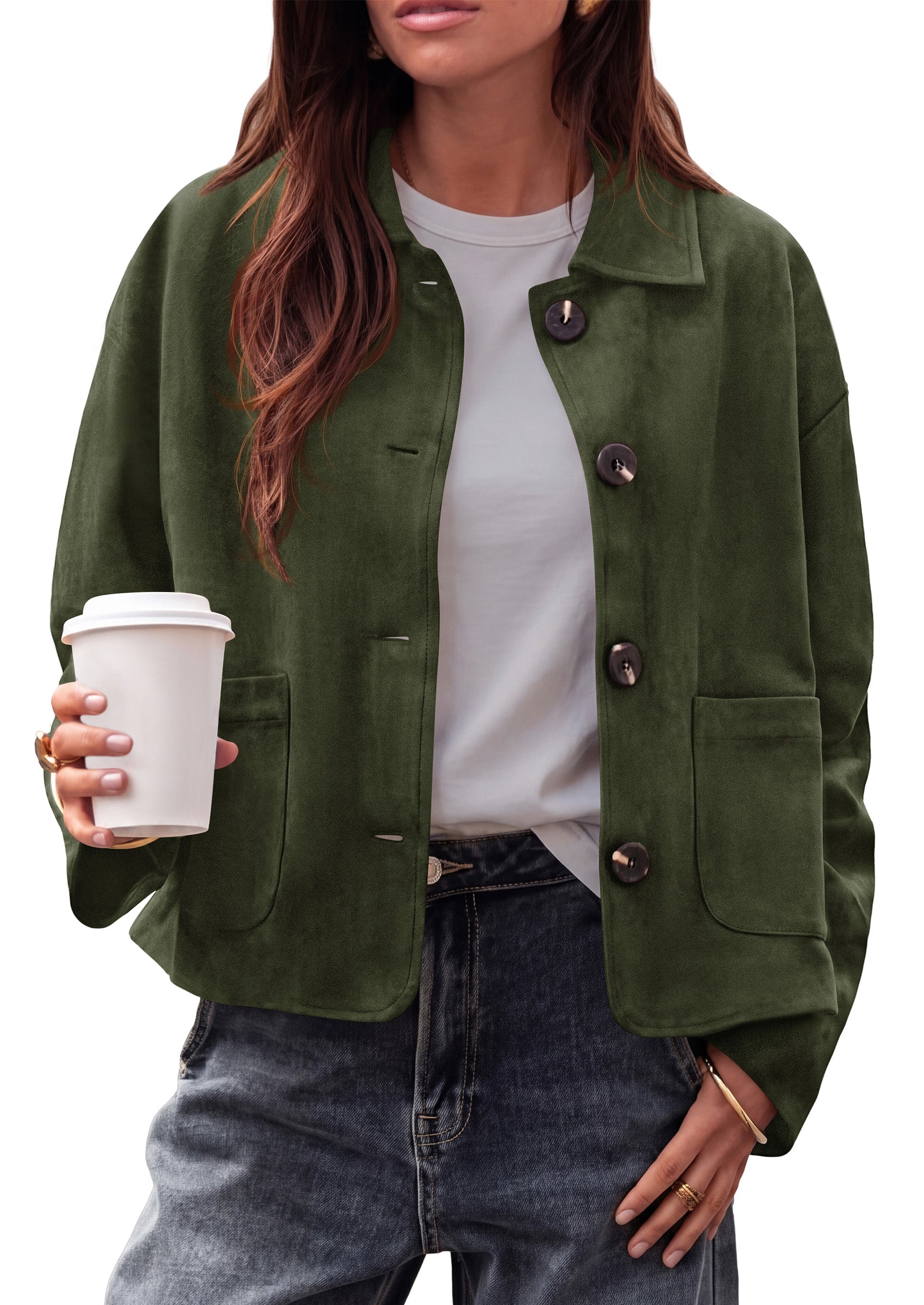 PRETTYGARDEN Faux Suede Casual Cropped Fall Jacket for Women Trendy 2026 Casual Coats Lightweight, Button Front Jackets with Pocket, Business Work Teacher Outfits, Winter Clothes