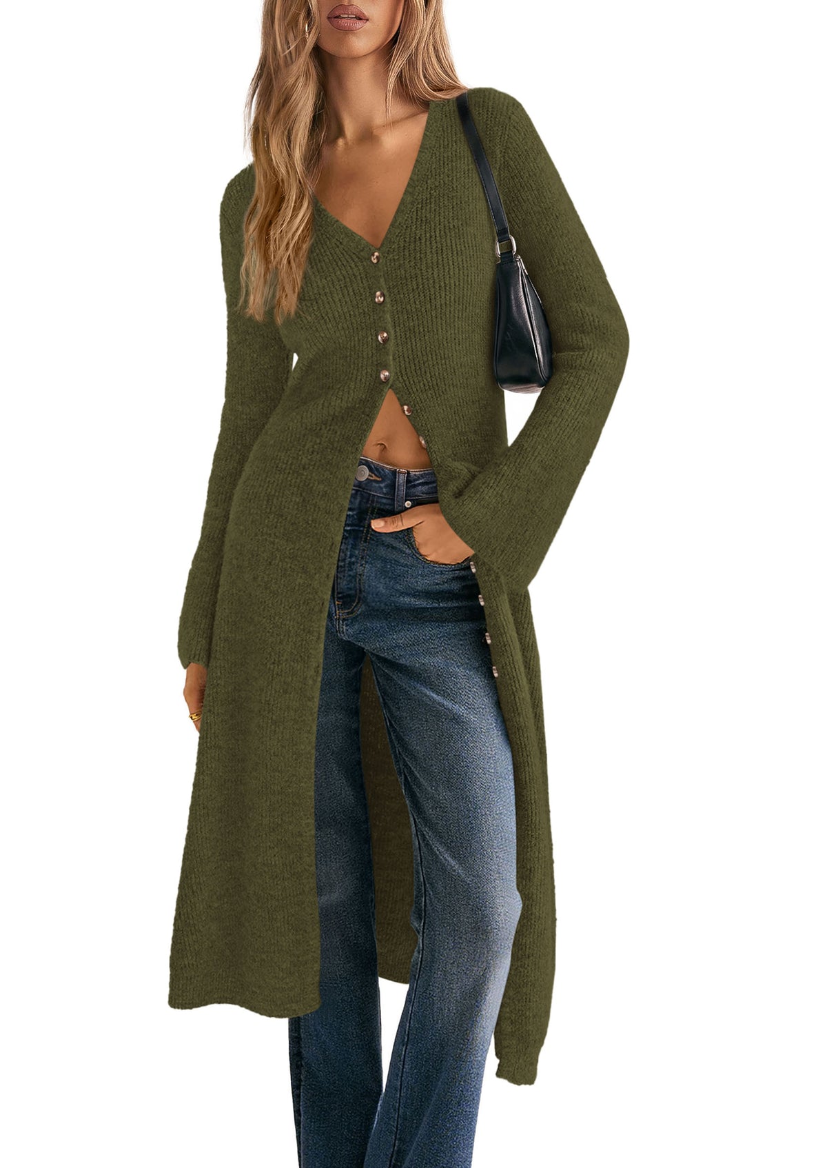 PRETTYGARDEN Women Long Cardigan Bell Sleeve Sweater Dress  Early Fall Fashion, V Neck Button Down Coats, Fit and Flare, Duster Sweater, Business Casual Outfits, Acrylic Cotton Blend
