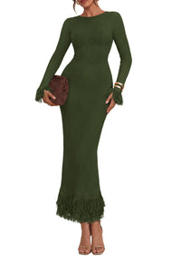 PRETTYGARDEN Womens Long Sleeve Bodycon Sweater Dress  Stretchy Ribbed Knit,Fringe Trim Cuffs & Hem,Slim Fit Crewneck,Date Night Outfits,Fall Winter Wedding Guest Cocktail Dresses