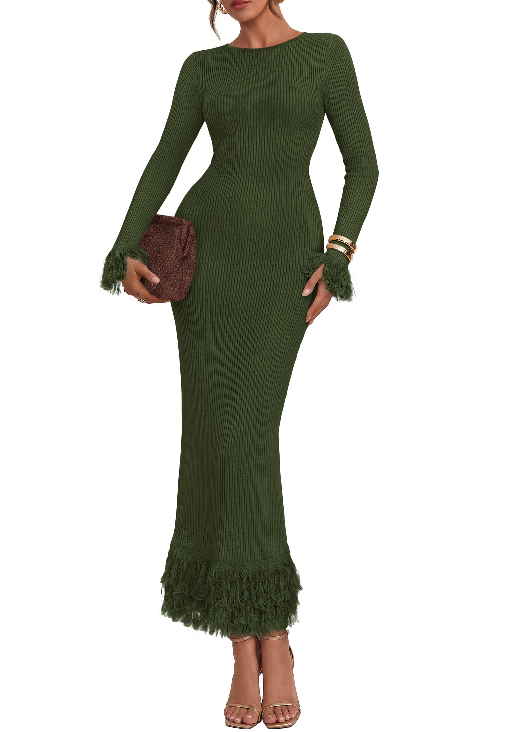 PRETTYGARDEN Womens Long Sleeve Bodycon Sweater Dress  Stretchy Ribbed Knit,Fringe Trim Cuffs & Hem,Slim Fit Crewneck,Date Night Outfits,Fall Winter Wedding Guest Cocktail Dresses