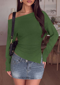 PRETTYGARDEN Womens Fall Long Sleeve Off Shoulder Sweater  Soft Knit Fabric, Fashion Batwing Sleeve, Chic Asymmetrical Hem, Casual Going Out Sweater, 2026 Trendy Winter Clothes