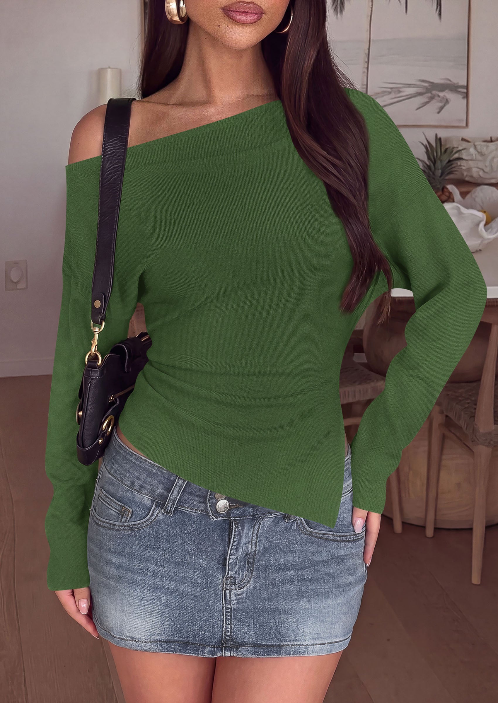 PRETTYGARDEN Womens Fall Long Sleeve Off Shoulder Sweater  Soft Knit Fabric, Fashion Batwing Sleeve, Chic Asymmetrical Hem, Casual Going Out Sweater, 2026 Trendy Winter Clothes
