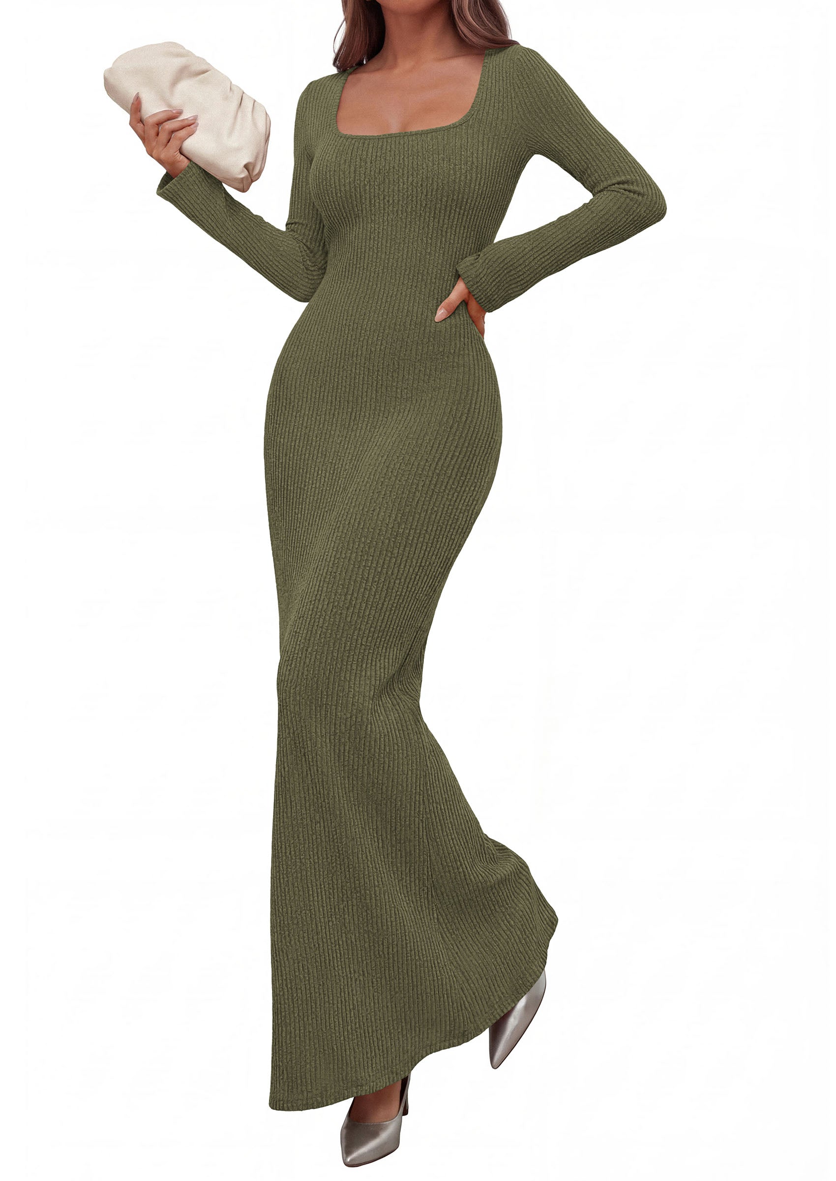 PRETTYGARDEN Women's Fall Long Sleeve Maxi Bodycon Dresses | Soft Stretchy Ribbed Knit, Bell Sleeve Square Neck Mermaid, Elegant Long Dress, Wedding Guest Party, 2026 Winter Clothing