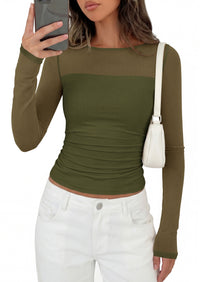 PRETTYGARDEN Women's 2026 Fall Long Sleeve T Shirts Sheer Mesh Boat Neck Ruched Fitted Going Out Summer Tops Fashion Clothing