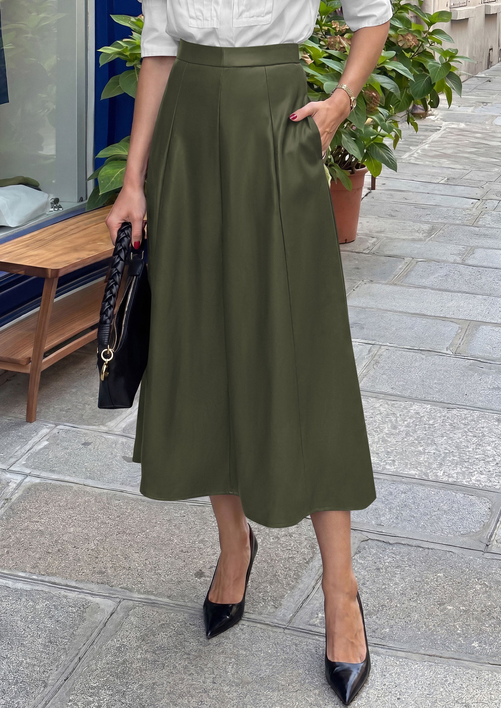 PRETTYGARDEN Womens Faux Leather High Waisted Midi Skirt | Flowy A Line Pleated Skirts, Elegant Swing Flared, Work Business Casual Outfits, Fall Winter Fashion Clothes