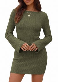 PRETTYGARDEN Womens Fall Bell Long Sleeve Mini Dress 2026 Casual Boat Neck Ribbed Bodycon Short Party Cocktail Dresses