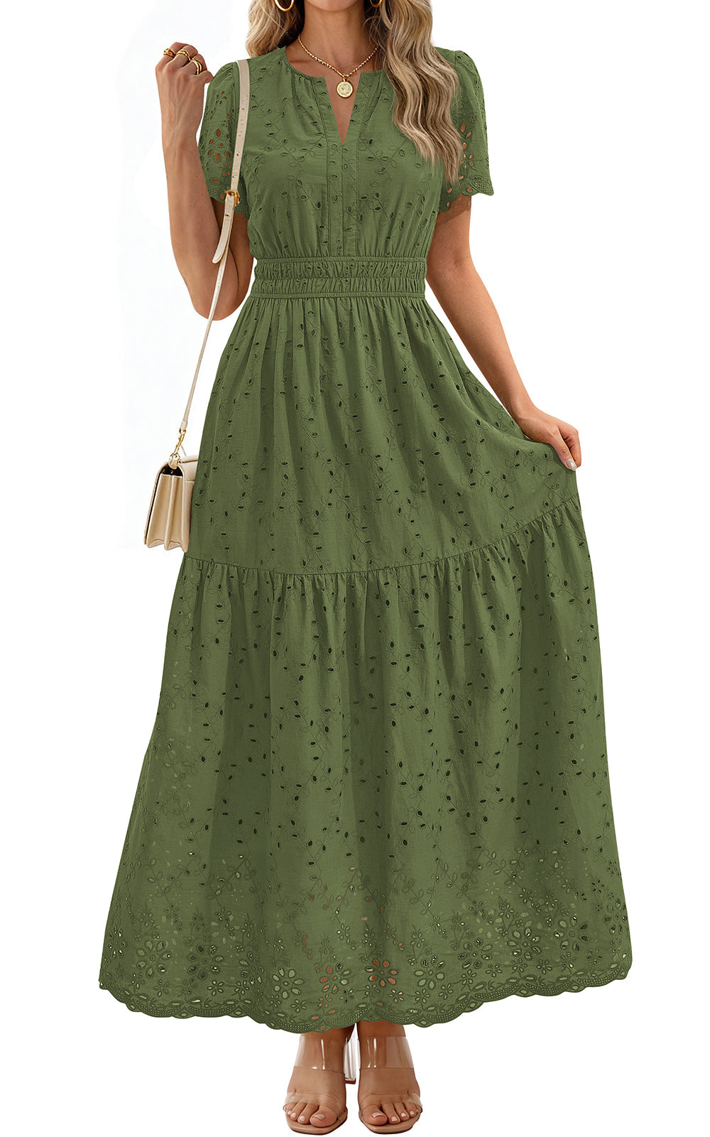 PRETTYGARDEN Short Sleeve Spring Dresses for Women 2026 Elegant Classy Boho High Waist A Line Pleated Wedding Guest Dress PRETTYGARDEN