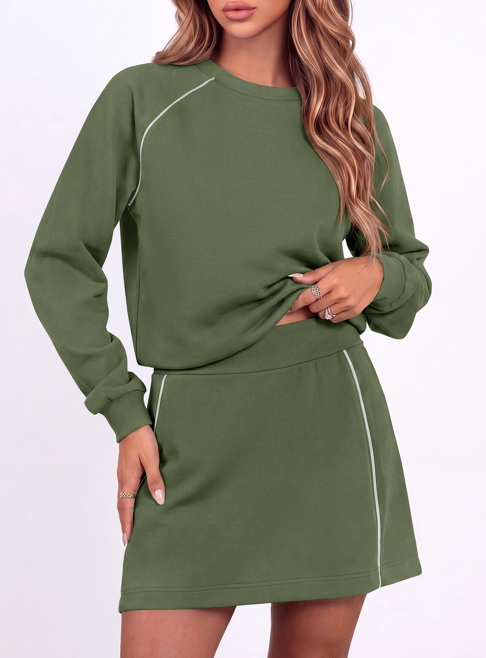 PRETTYGARDEN Women's Two Piece Outfits Matching Skirt Sets | Color Block Long Sleeve Top Sweatshirt, Mini Short Skirts, Elastic Waist Skorts Pocket, 2pc Workout Set, Fall Fashion Clothes