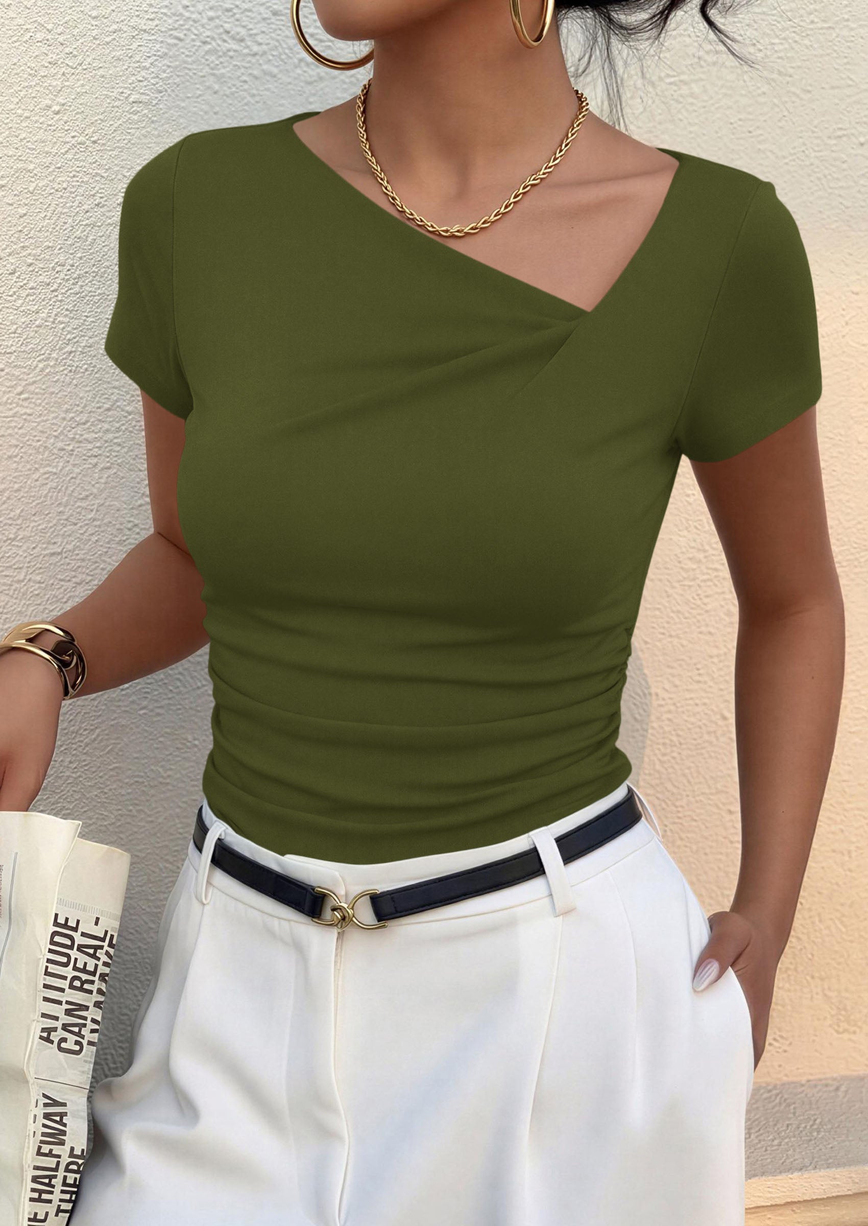 PRETTYGARDEN Women's 2026 Summer Asymmetrical Y2K Tops Trendy Ribbed Short Sleeve Fitted Tee Shirts Spring Fashion Clothing