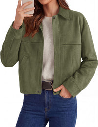 PRETTYGARDEN Women's Faux Suede Cropped Fall Jackets | Soft Zip Up Coats,Classic Lapel Collar,Button Down Shacket,Oversized Casual Outerwear,Trendy Winter Clothes with Pockets