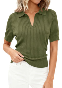 PRETTYGARDEN Women's Short Sleeve Sweater 2026 Spring Polo Shirts Ribbed Knit V Neck Business Casual Tops Summer Work Clothes PRETTYGARDEN