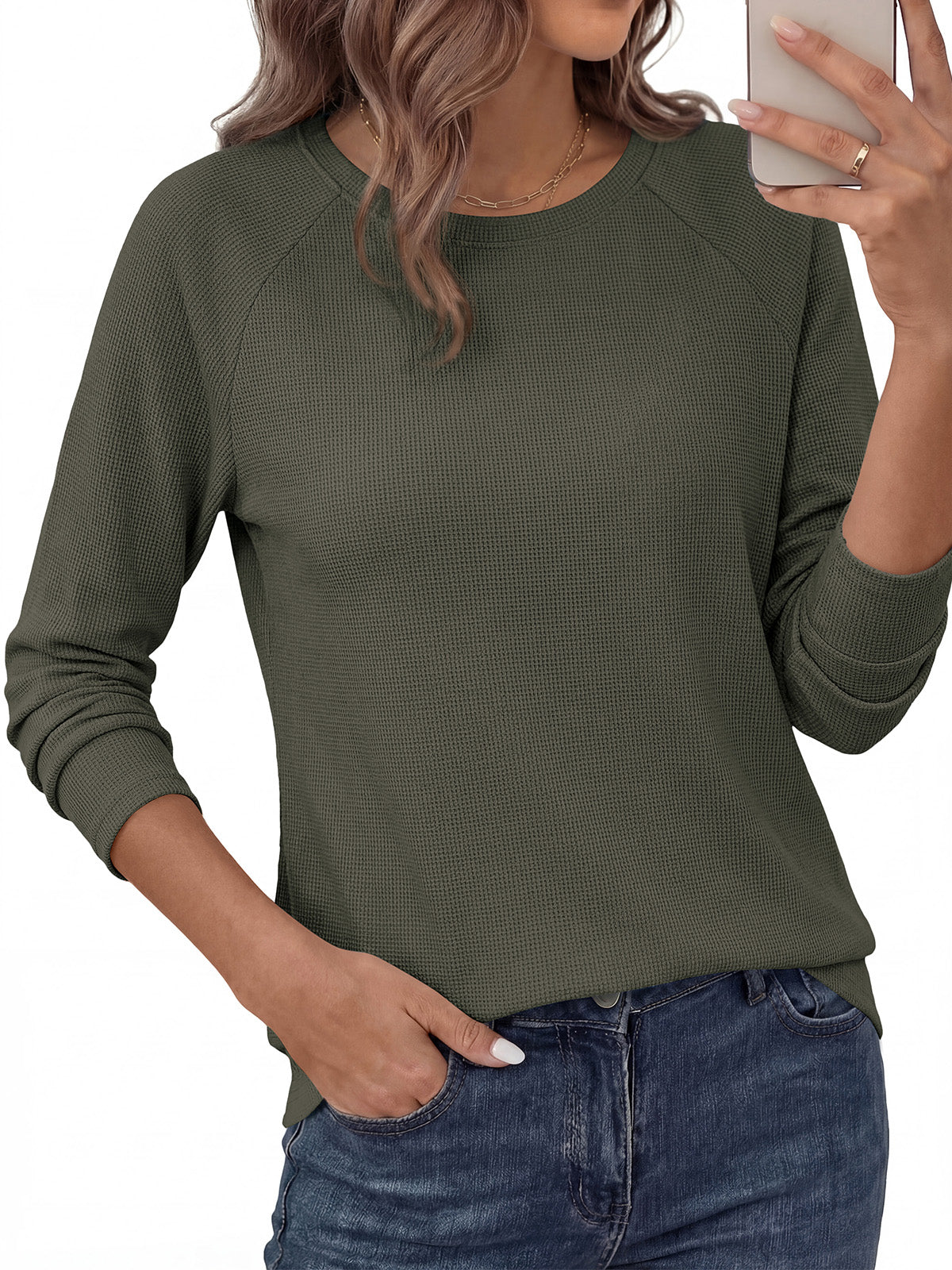 PRETTYGARDEN Womens Long Sleeve Shirts Waffle Knit Lightweight Fall Tops | Crewneck Loose Fit Curvy Hem Pullover Top, Soft Comfy Cute Tee Shirt, Dressy Casual Office Work Outfits, Fashion Clothing