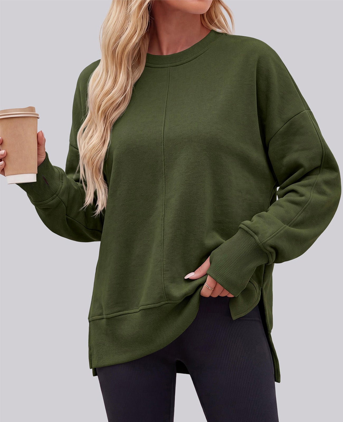 PRETTYGARDEN Womens Long Sleeve Loose Crewneck Sweatshirts with Thumb Hole | Soft Cozy Fleece Basic Side Slit Oversized Pullover Tops, Workout Casual Daily Wear, Y2k 2026 Fashion Fall Winter Clothing