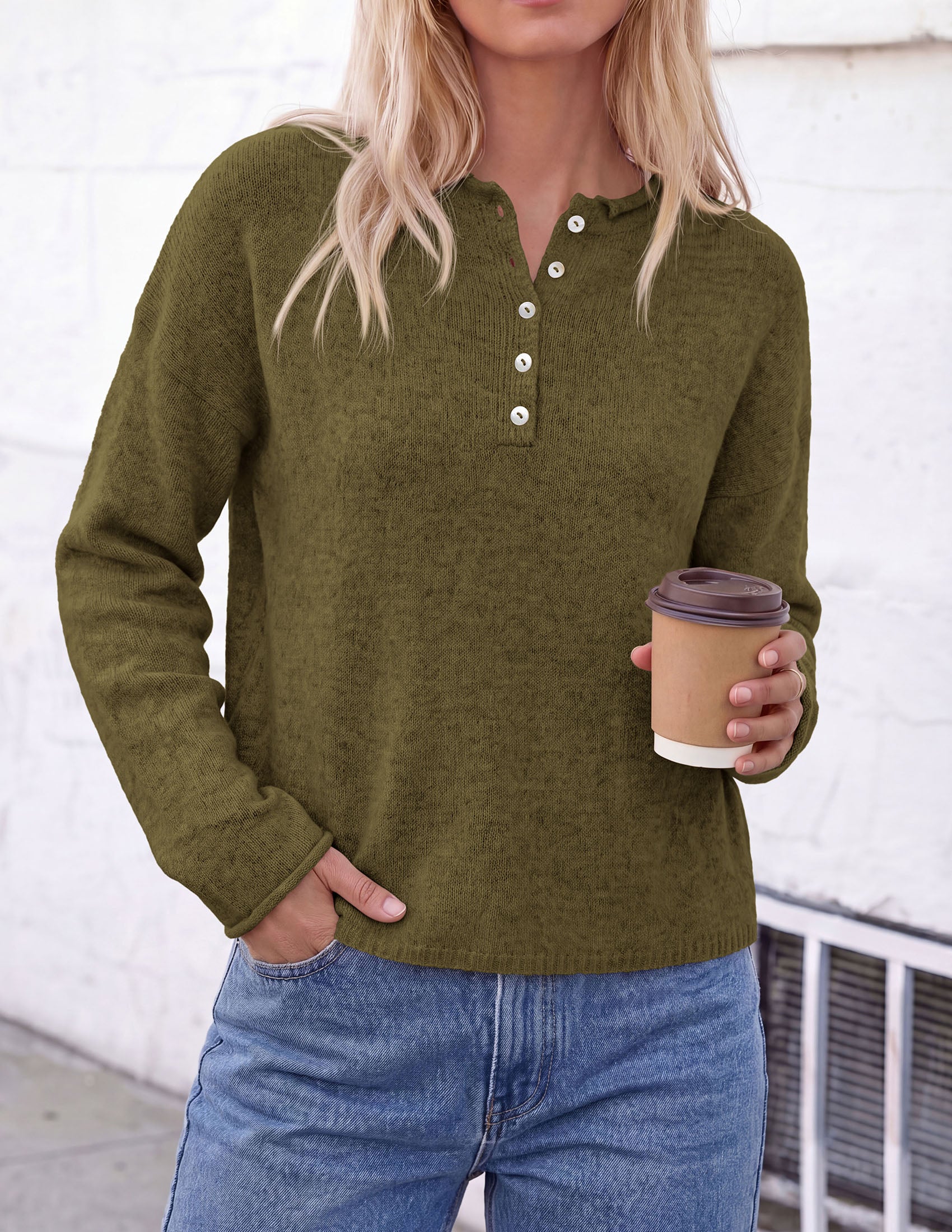 PRETTYGARDEN Women's Fall Button Up Cozy Pullover Sweaters | Stretchy Soft Knit, Drop Shoulder Long Sleeve Tops, Henley Crewneck Rolled Edge, Dressy Casual Blouses, Trendy Winter Clothes