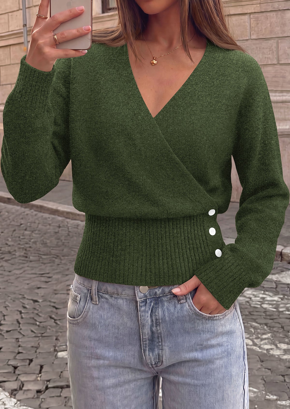 PRETTYGARDEN Women V Neck Wrap Sweater Cropped Tops Fall Winter Fashion 2026, Business Casual Outfits, Stretchy Soft knit, Wide Ribbed Hem with Side Buttons Pullover Sweaters