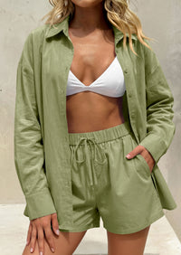 PRETTYGARDEN Women's Summer 2 Piece Matching Lounge Sets Pajamas Long Sleeve Shirts Blouse Pockets Shorts 2026 Spring Outfits