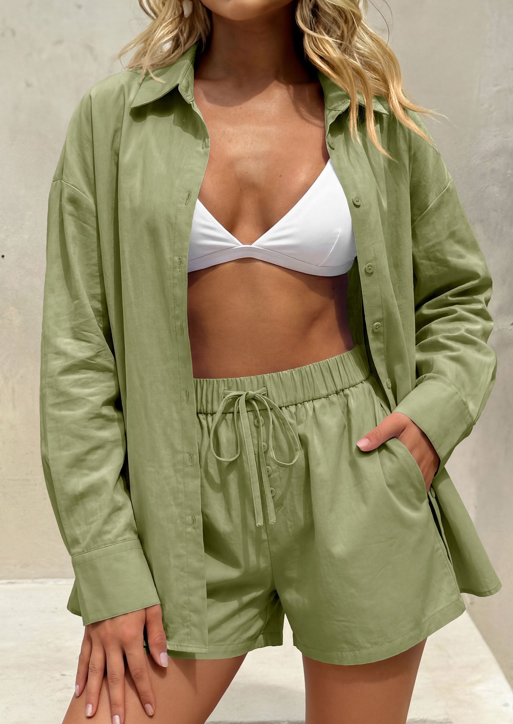 PRETTYGARDEN Women's Summer 2 Piece Matching Lounge Sets Pajamas Long Sleeve Shirts Blouse Pockets Shorts 2026 Spring Outfits
