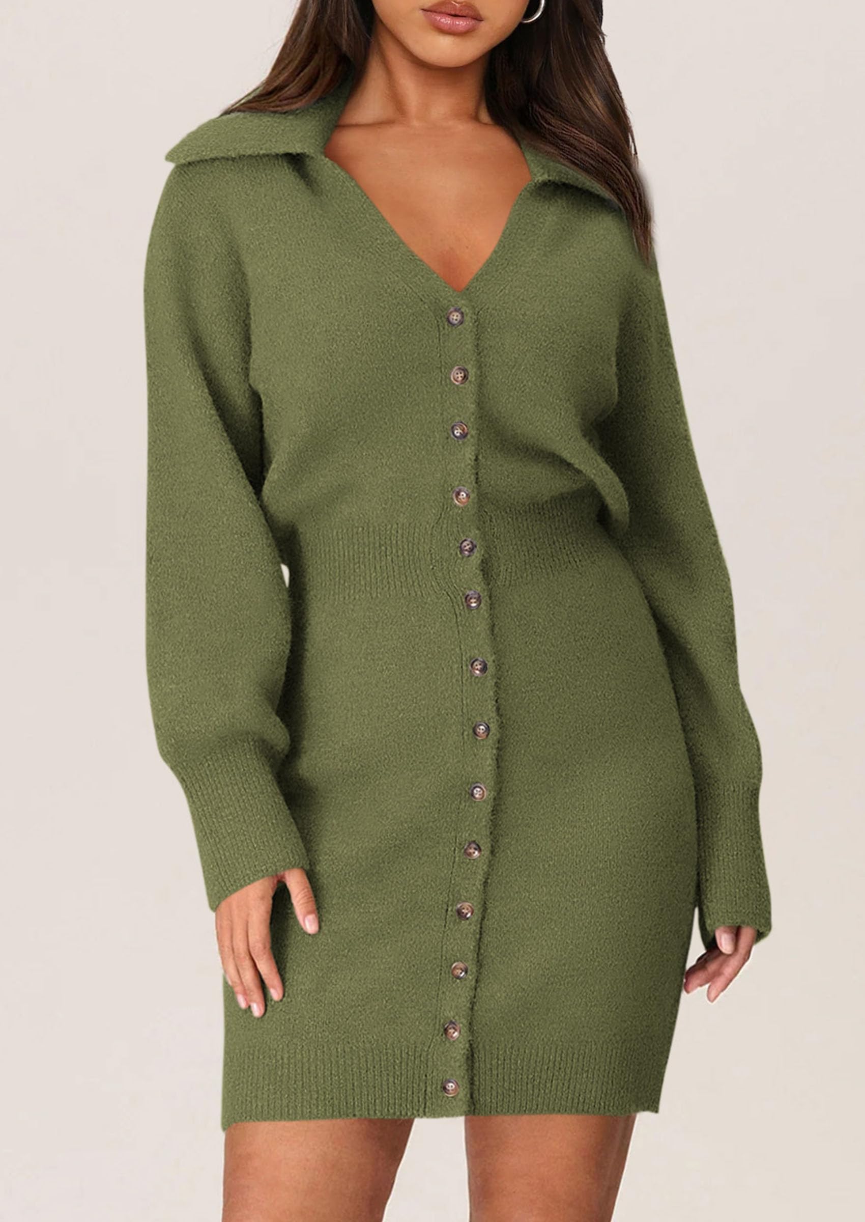 PRETTYGARDEN Sweater Dresses for Women Trendy Long Sleeve Button Down Short Spring Dress