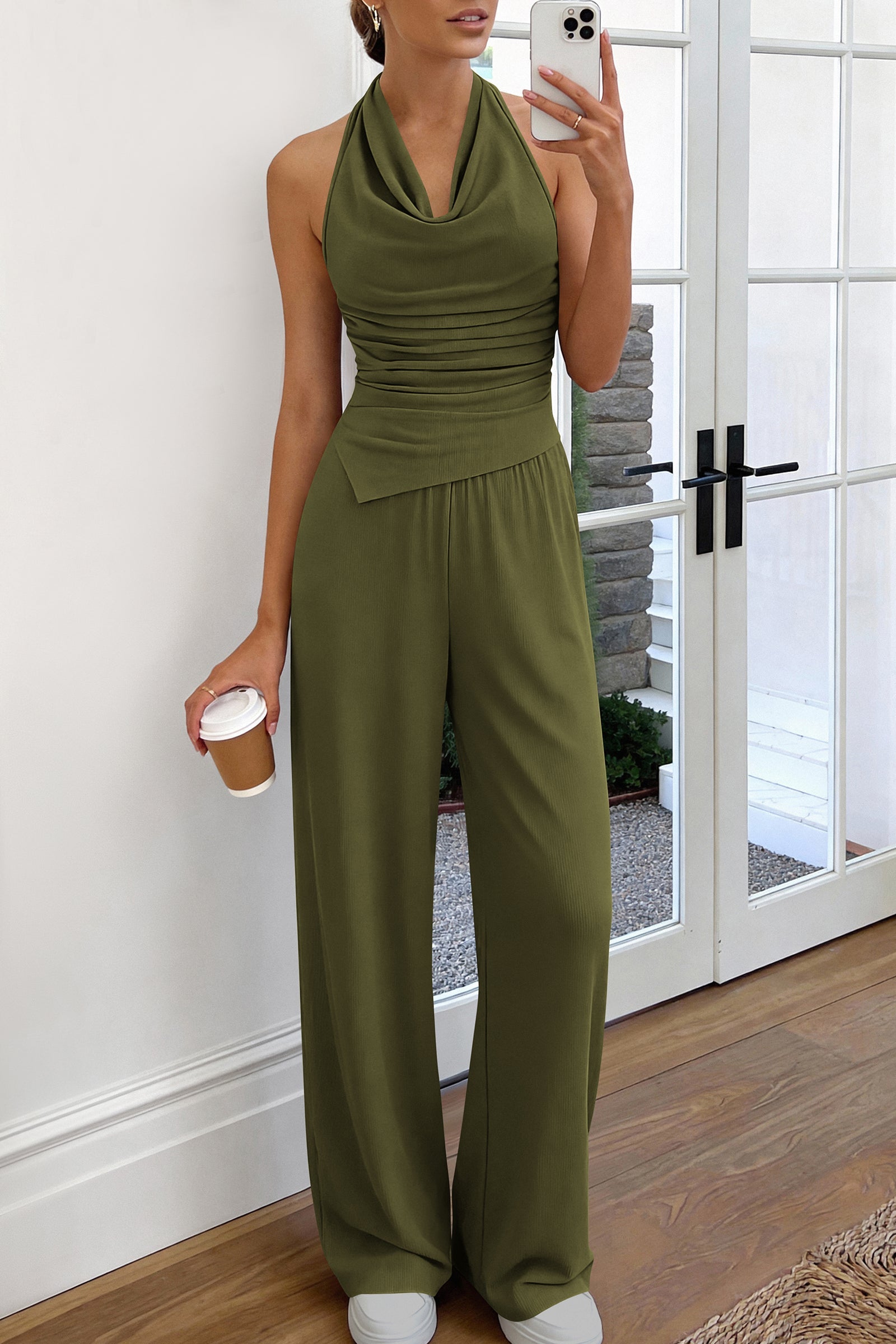 PRETTYGARDEN Women 2 Piece Lounge Sets Spring Fashion Halter Top Wide Leg Pants Summer Outfits Beach Vacation Clothes PRETTYGARDEN