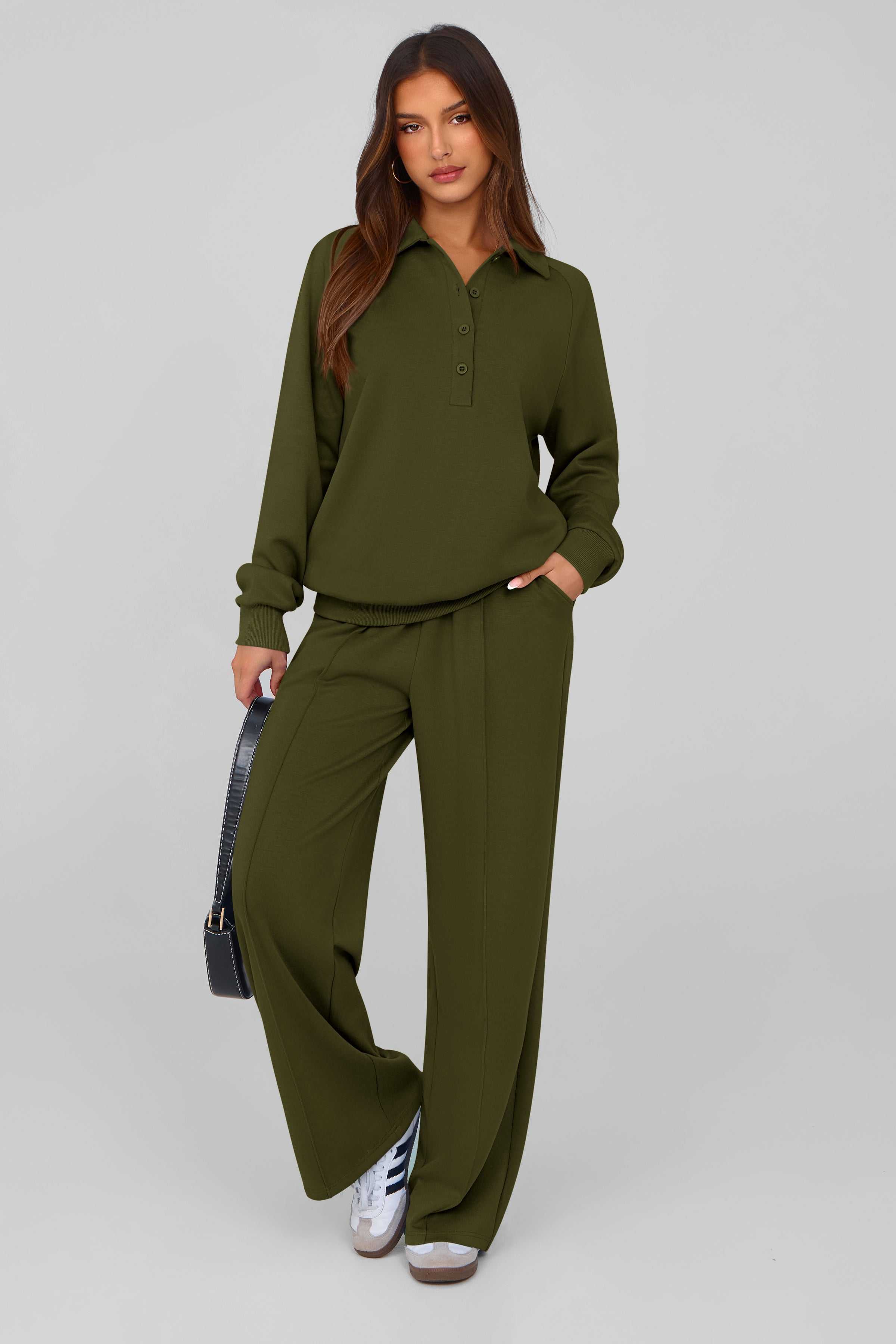 PRETTYGARDEN Women Fall 2 Piece Outfits Sweatsuits Quarter Button Long Sleeve Sweatshirt Wide Leg Pants Tracksuit Lounge Sets