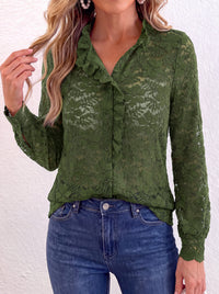 PRETTYGARDEN Women Lace Tops Button Down Long Sleeve Shirts  | Sheer Lace Button Shirts, Elegant Ruffle Collar Blouses, Eyelet Tops Dressy Casual, Date Night Outfit, Fall Fashion Clothing