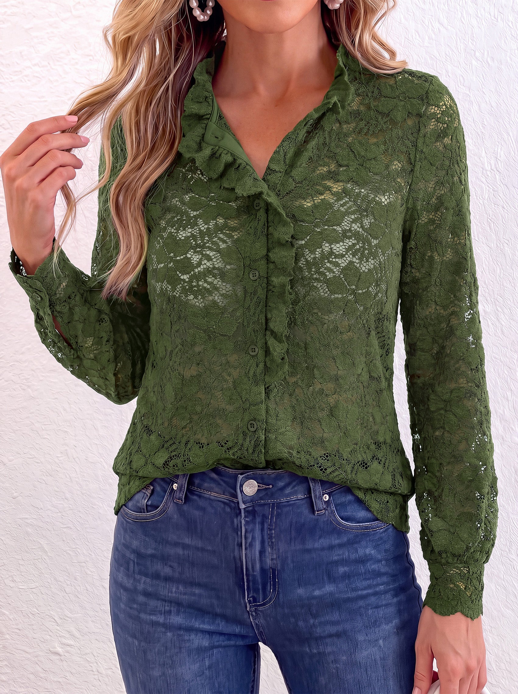 PRETTYGARDEN Women Lace Tops Button Down Long Sleeve Shirts  | Sheer Lace Button Shirts, Elegant Ruffle Collar Blouses, Eyelet Tops Dressy Casual, Date Night Outfit, Fall Fashion Clothing