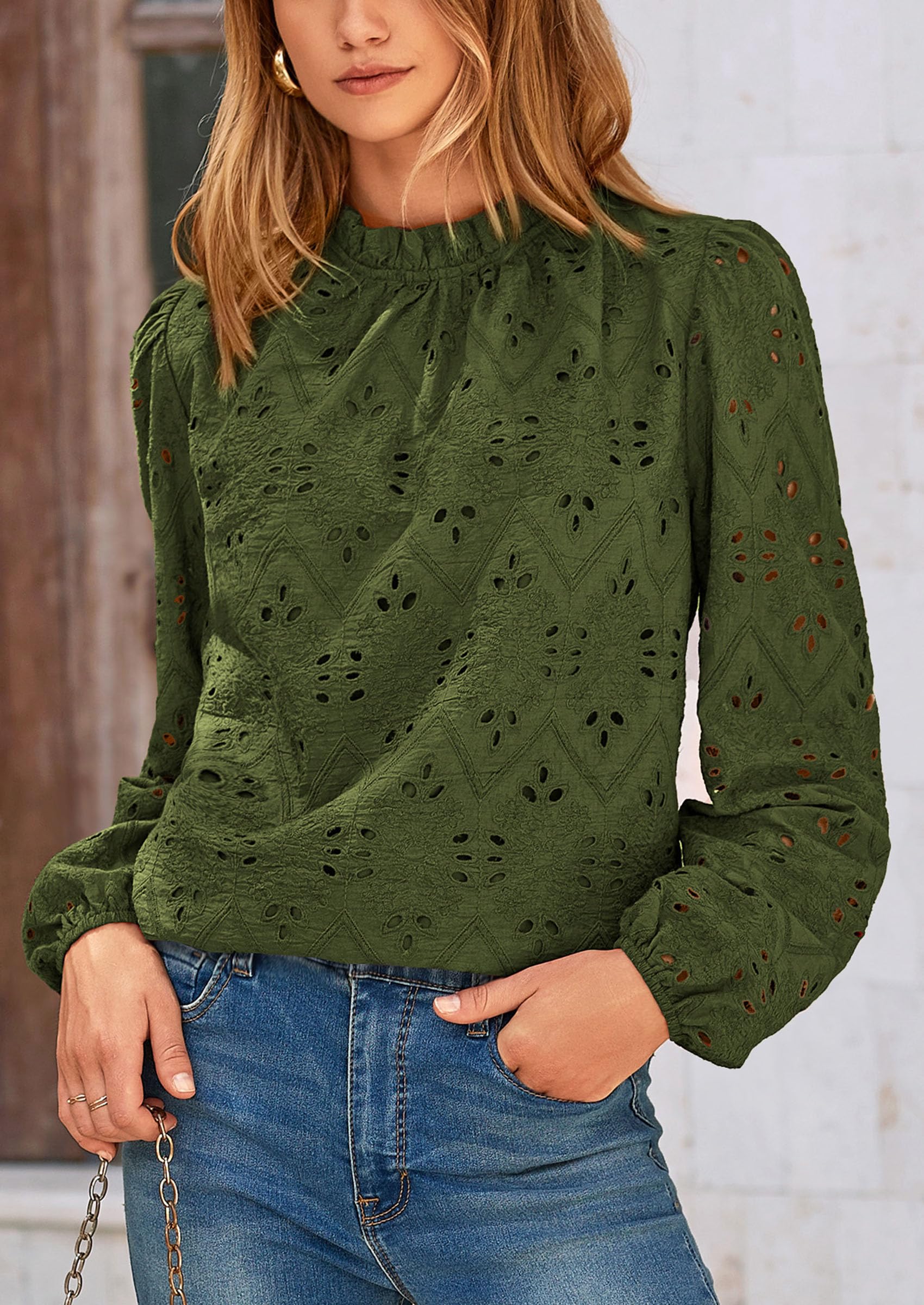 PRETTYGARDEN Womens Tops Dressy Casual Spring Long Sleeve Shirts Embroidered Eyelet Blouses Going Out Outfits