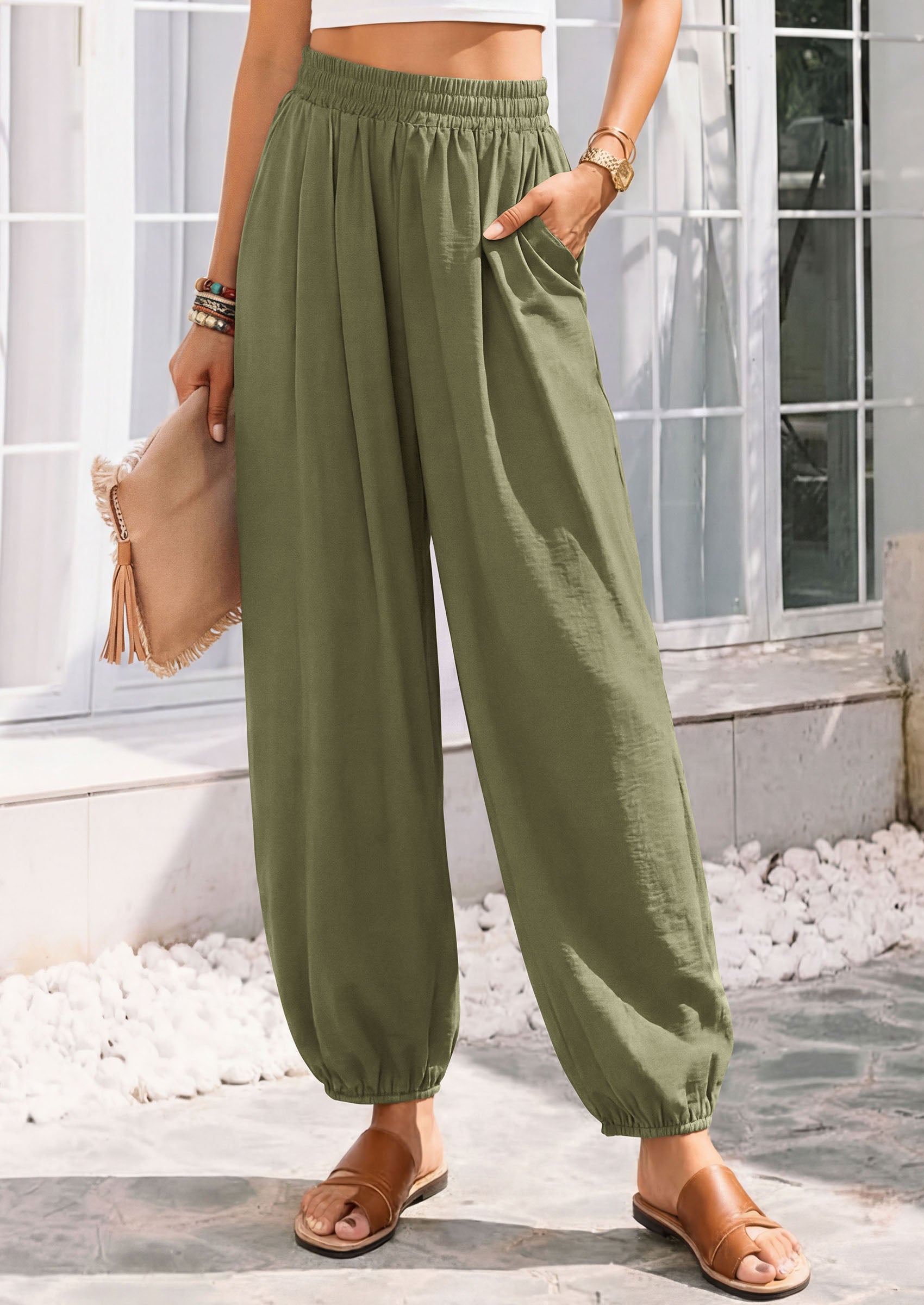 PRETTYGARDEN Womens 2026 Summer Casual Pants High Waisted Loose Wide Leg Palazzo Pockets Lounge Beach Travel Trousers Outfits