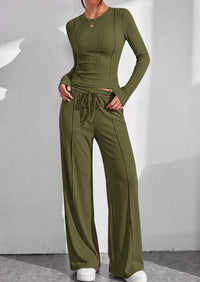 PRETTYGARDEN Womens 2 Piece Sets Long Sleeve Outfits  Soft Ribbed Knit, Loose Wide Leg Fit, Crop Top Drawstring High Waist Pants Set, Casual Lounge Travel, Matching Fall Clothes