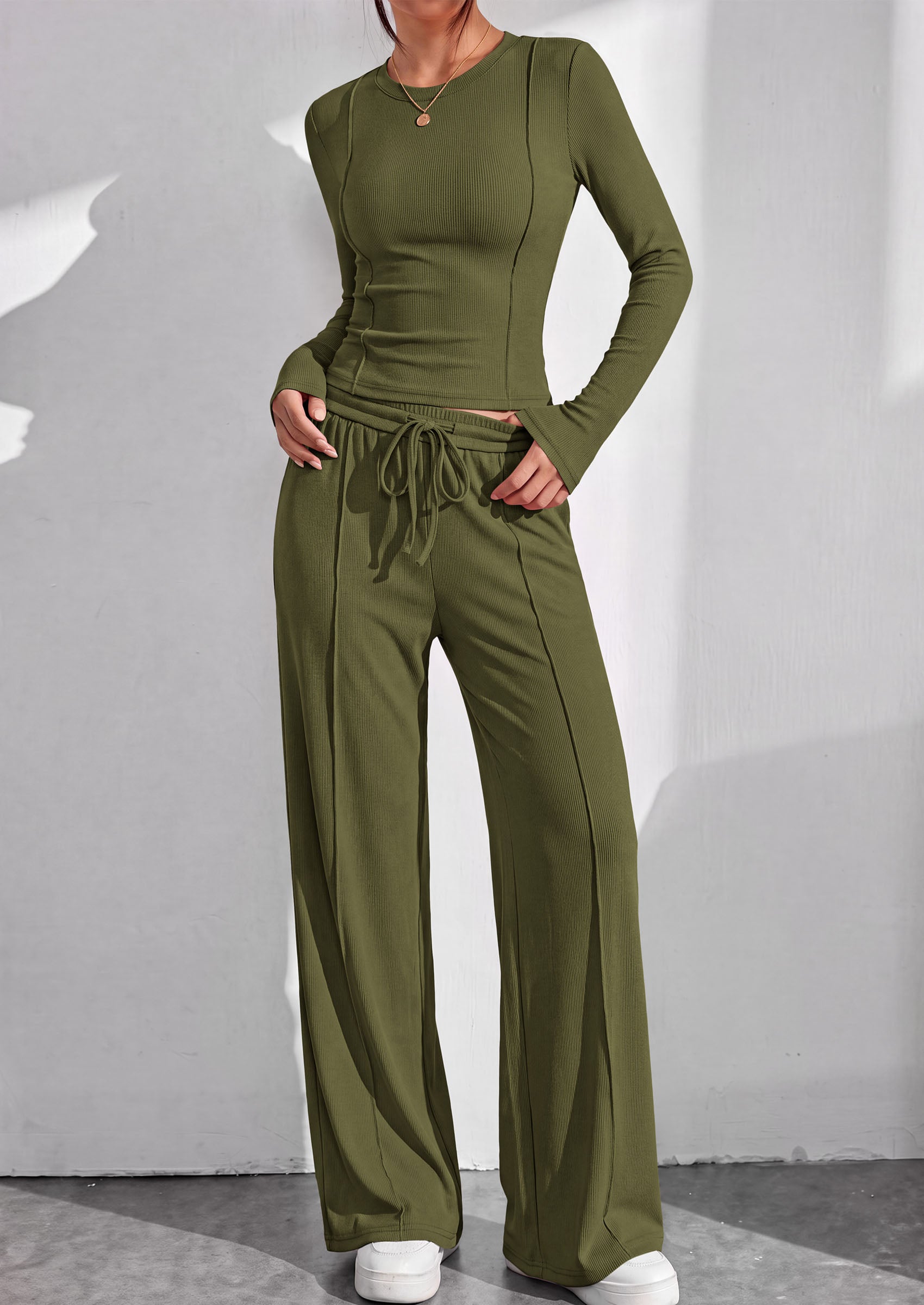 PRETTYGARDEN Womens 2 Piece Sets Long Sleeve Outfits  Soft Ribbed Knit, Loose Wide Leg Fit, Crop Top Drawstring High Waist Pants Set, Casual Lounge Travel, Matching Fall Clothes