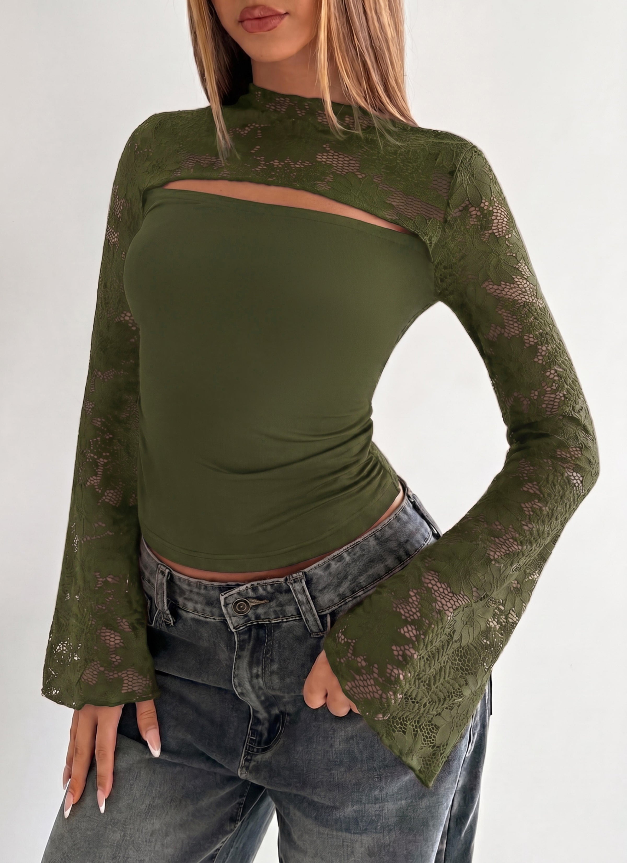 PRETTYGARDEN Womens Tops Fall Sexy Bell Long Sleeve Shirts Cut Out Fitted Y2k Lace Tshirt Ruched Going Out Crop Top 2026
