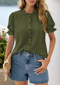 PRETTYGARDEN Womens Puff Short Sleeve Tops 2026 Summer Spring Button Down Boho Embroidered Cute Blouse Dressy Casual Shirts PRETTYGARDEN