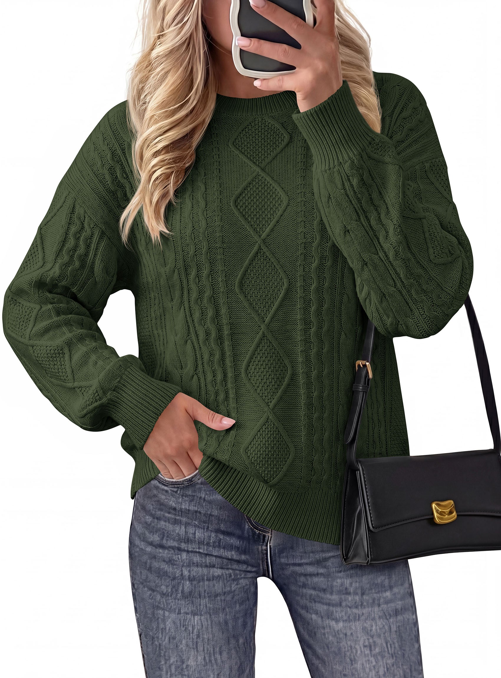 PRETTYGARDEN Womens Cable Knit Sweater Crewneck Pullover | Soft Ribbed Cuffs,Relaxed Fit Long Sleeve Sweaters,Chunky Diamond,Warm Layering,Comfy Daily Wear,Fall Winter Going out Top