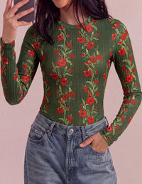 PRETTYGARDEN Womens Long Sleeve Shirts Floral Y2K Tops | Soft Lightweight Ribbed Knit Top,Fitted Waist,Crew Neck Slim Fit,Going Out Vacation Outfits,Layering Fall Winter Clothes