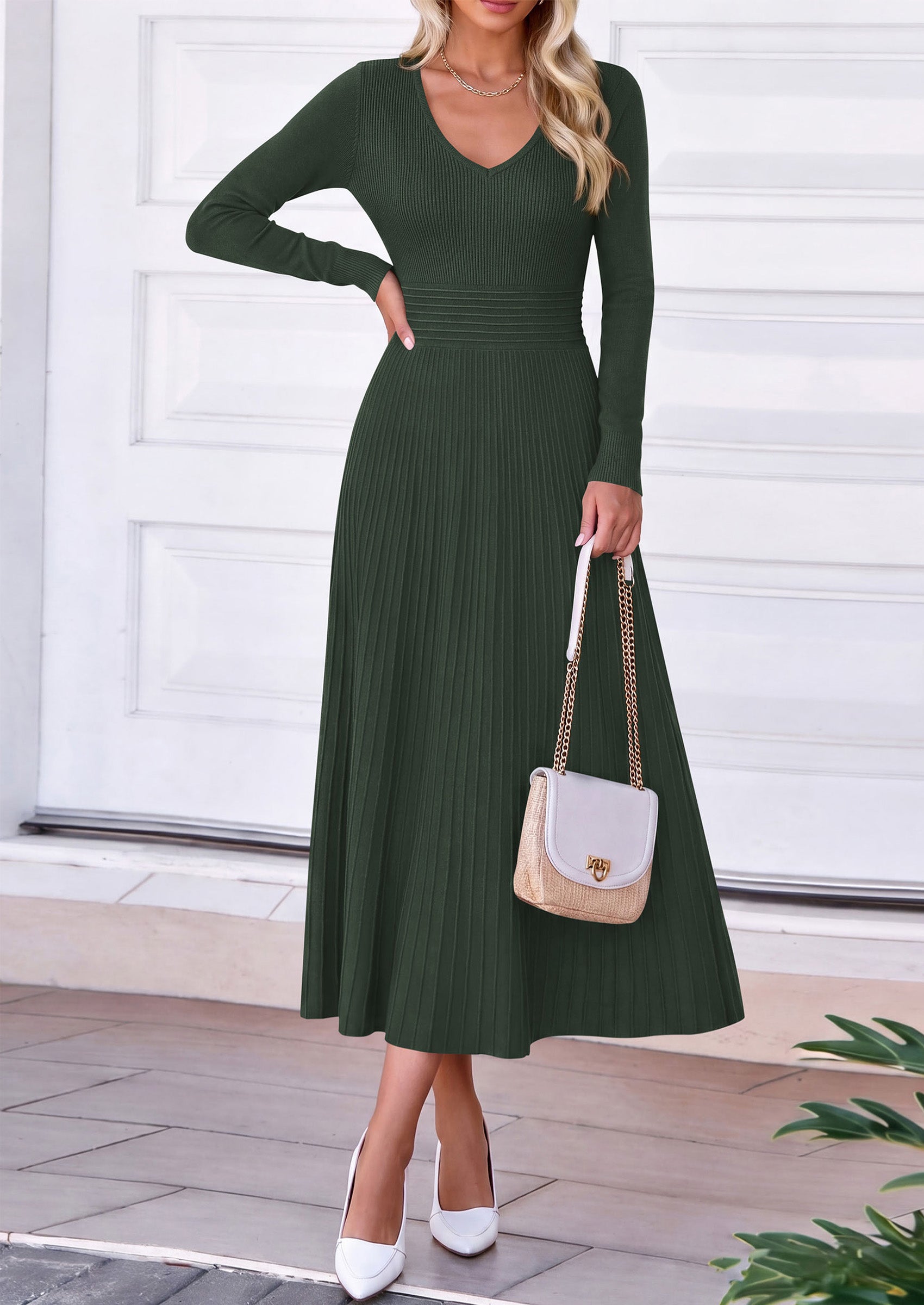 PRETTYGARDEN Women's Fall V Neck Pleated Midi Sweater Dress  Stretchy Ribbed Knit,Long Sleeve,A Line Flowy Skirt,Elegant Long Dresses for Wedding Guest,Work Office,Winter Party Outfits