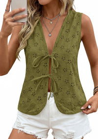 PRETTYGARDEN Women 2026 Summer Tie Front Eyelet Tank Tops Trendy Floral Vest Sleeveless V Neck Dressy Blouse Vacation Outfits PRETTYGARDEN