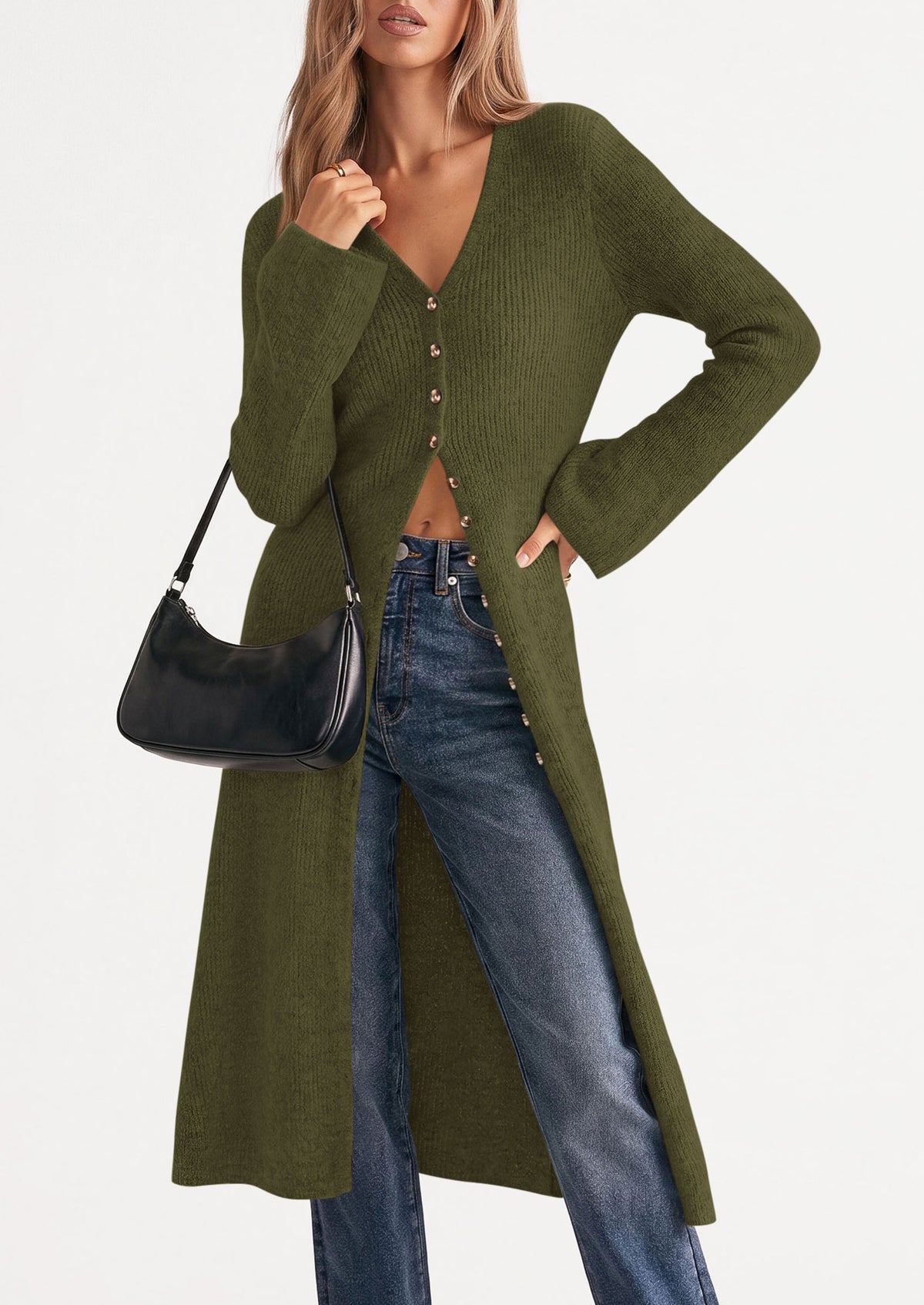 PRETTYGARDEN Women Long Cardigan Bell Sleeve Sweater Dress  Early Fall Fashion, V Neck Button Down Coats, Fit and Flare, Duster Sweater, Business Casual Outfits, Acrylic Cotton Blend