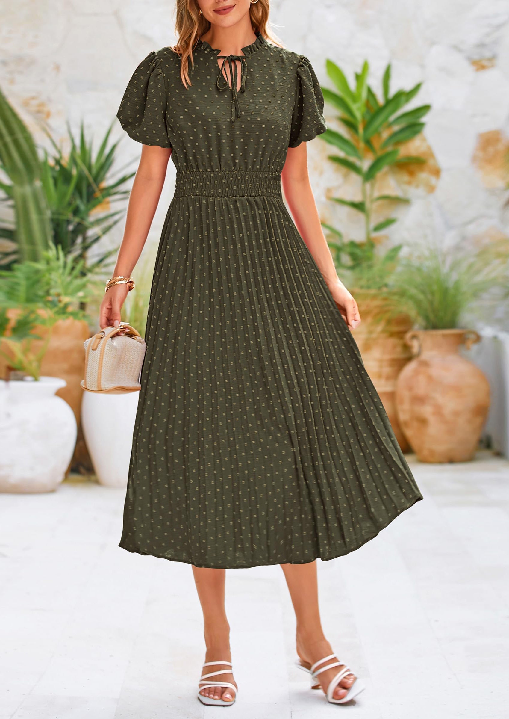 womens midi dress Unique Vintage Green & Strawberry Print Smocked Bodice Payton is wearing the small. Kenneth Cole | Bubble Hem