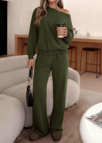 PRETTYGARDEN Womens 2 Piece Casual Matching Lounge Sets  Fashion Off the Shoulder Sweatshirt, Wide Leg Pants with Pockets, Comfy Airport Travel Outfit, 2026 Trendy Fall Set