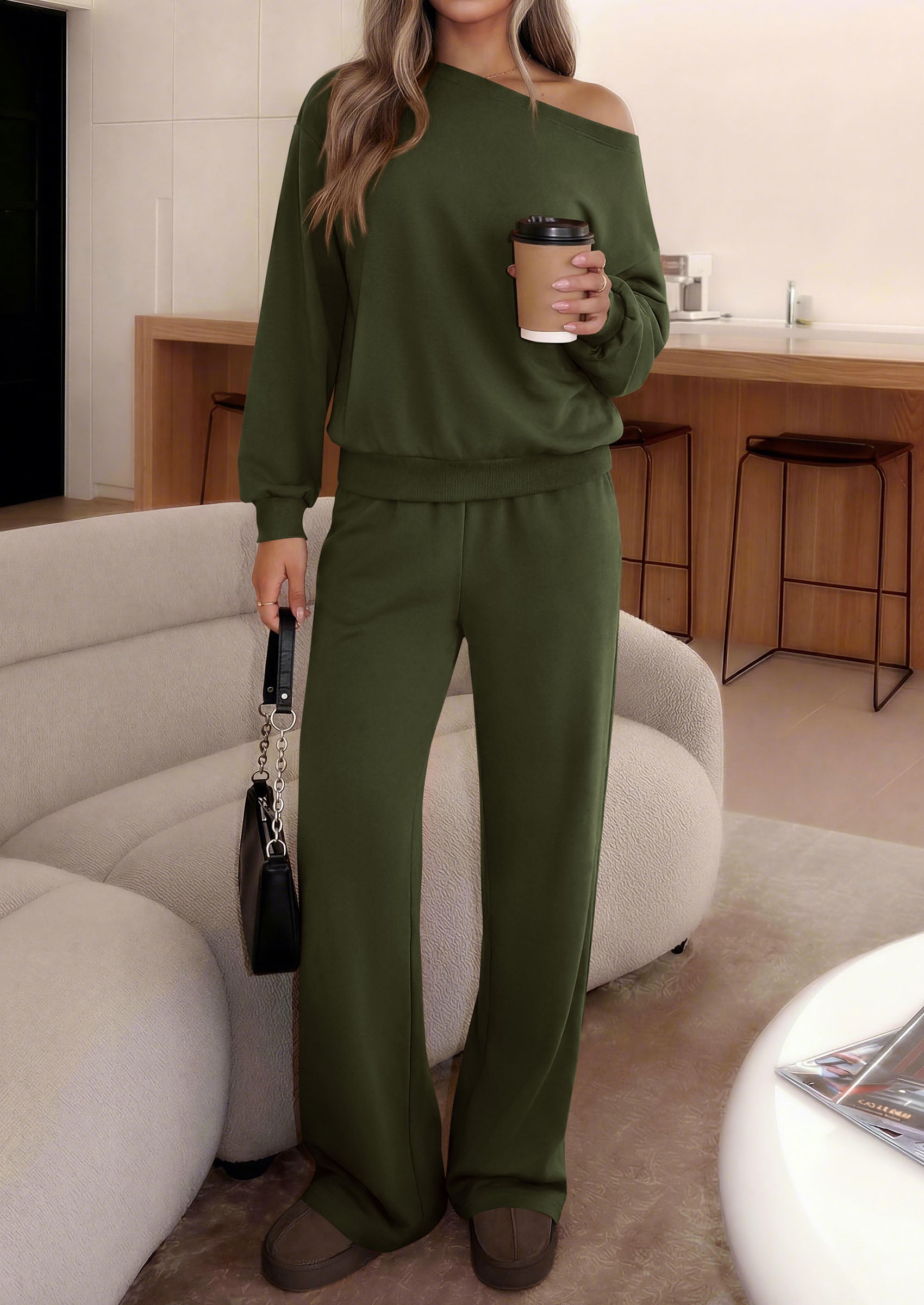 PRETTYGARDEN Womens 2 Piece Casual Matching Lounge Sets  Fashion Off the Shoulder Sweatshirt, Wide Leg Pants with Pockets, Comfy Airport Travel Outfit, 2026 Trendy Fall Set