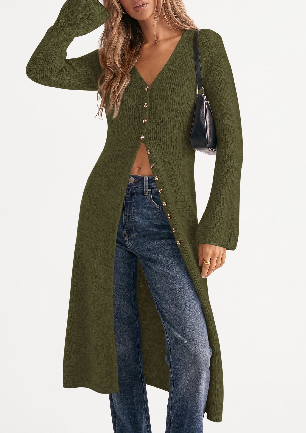 PRETTYGARDEN Women Long Cardigan Bell Sleeve Sweater Dress  Early Fall Fashion, V Neck Button Down Coats, Fit and Flare, Duster Sweater, Business Casual Outfits, Acrylic Cotton Blend