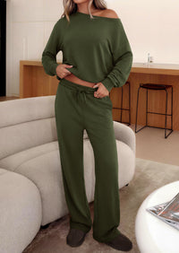 PRETTYGARDEN Womens 2 Piece Casual Matching Lounge Sets  Fashion Off the Shoulder Sweatshirt, Wide Leg Pants with Pockets, Comfy Airport Travel Outfit, 2026 Trendy Fall Set