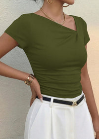 PRETTYGARDEN Women's 2026 Summer Asymmetrical Y2K Tops Trendy Ribbed Short Sleeve Fitted Tee Shirts Spring Fashion Clothing
